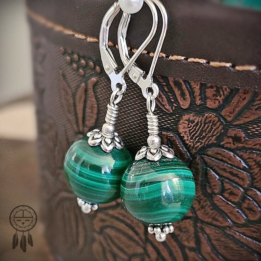 Malachite Gemstone Earrings 925 Sterling Silver Dangles Artisan Handcrafted - Picture 5 of 8